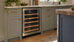 An undercounter wine cellar with a glass door and bottles on wooden racks