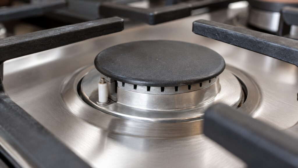 A close view of a sealed gas burner with its igniter electrode beside the burner cap