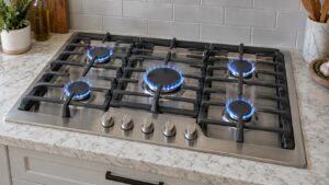 A 36-inch gas cooktop with five sealed burners and cast iron grates lit with blue flames