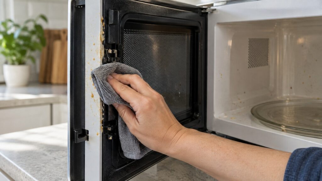A hand wiping food residue from the edge of an open microwave door and the latch area on its frame