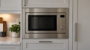A built-in stainless steel microwave set into a wall run of cabinets with its display dark and its door closed