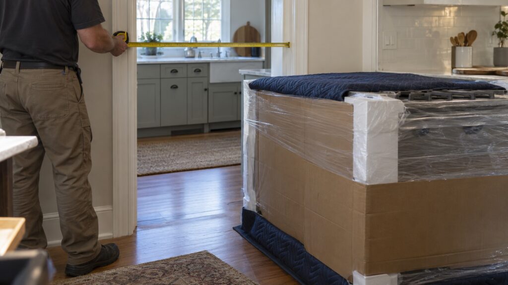 A tape measure stretched across a kitchen doorway beside a large range wrapped in protective packaging