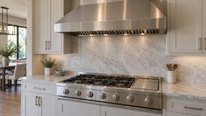 A wide professional-style range with six gas burners and a flat griddle section set into a spacious kitchen with a tall hood above it