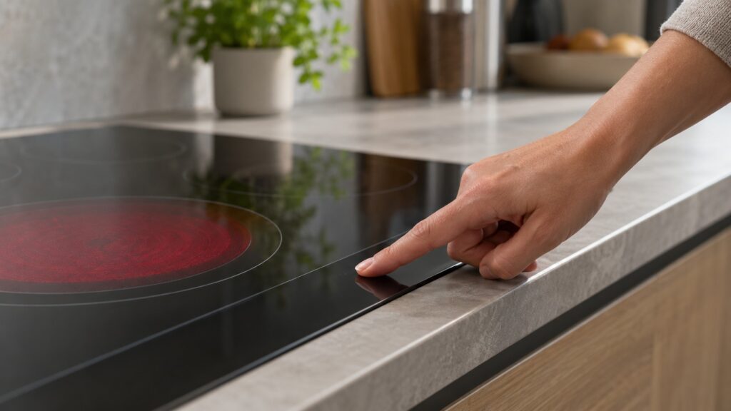 A fingertip pressing and holding a touch control on the front edge of a glass cooktop while the surface glows faintly