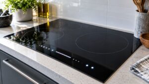 A black induction cooktop with a lit touch control strip along its front edge showing an unreadable status message