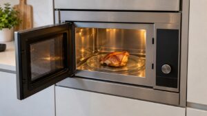 An open built-in microwave oven showing a golden roasted chicken thigh on a glass tray inside the lit cavity