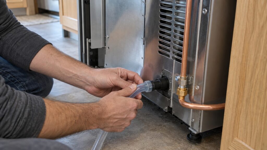 Hands connecting a small clear drain hose to the rear outlet of an undercounter ice maker beside a copper water line