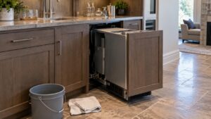 A panel-ready undercounter ice maker slid halfway into a cabinet opening beside a wet bar with a bucket and towel on the floor