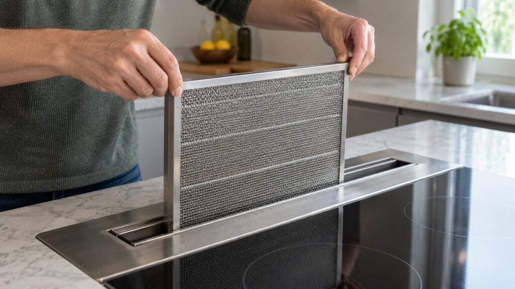 Hands lifting a rectangular metal mesh grease filter out of the slot of a downdraft vent on a cooktop