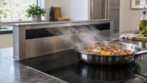 A raised downdraft vent at the back of a cooktop beside a pan with steam rising toward it
