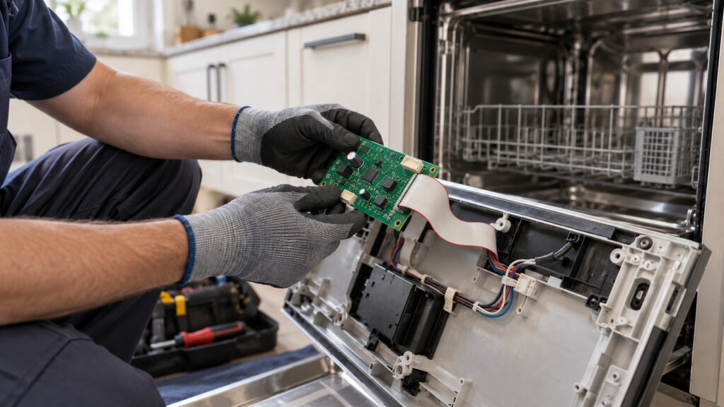 A technician in gloves holding a green electronic circuit board with a ribbon cable beside the open inner door panel of a dishwasher