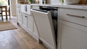 A fully integrated dishwasher in a kitchen run with its door slightly open and its hidden control strip along the top edge unlit
