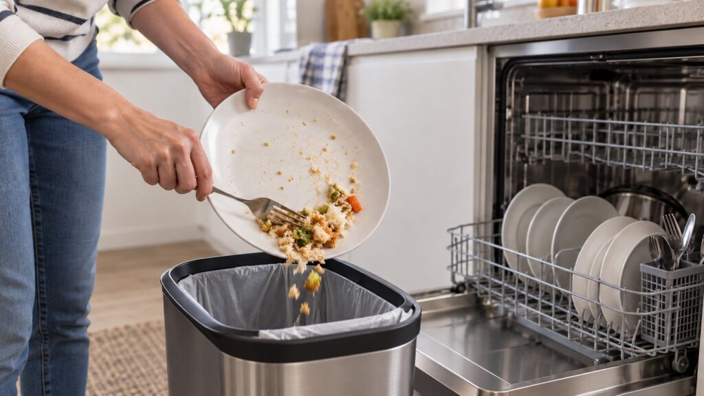 A hand scraping leftover food from a dinner plate into a bin before placing it in the lower rack of a dishwasher
