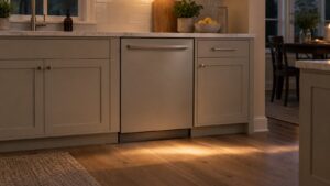 A closed integrated dishwasher in a quiet evening kitchen with a soft beam of light on the floor in front of it