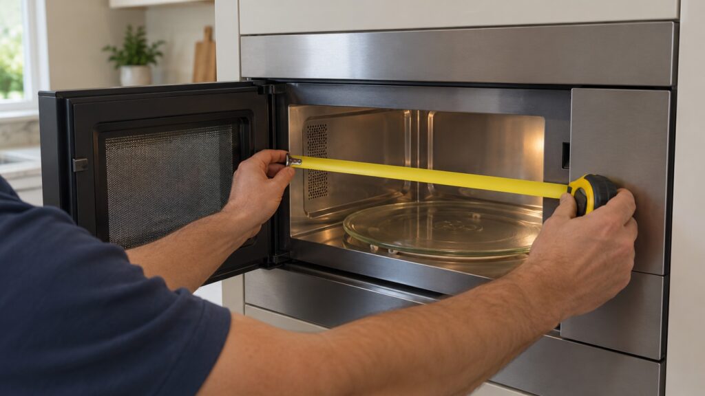 A tape measure stretched across the open door of a built-in microwave oven
