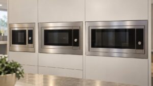 Three built-in microwave ovens of different widths lined up in a row on a store display wall