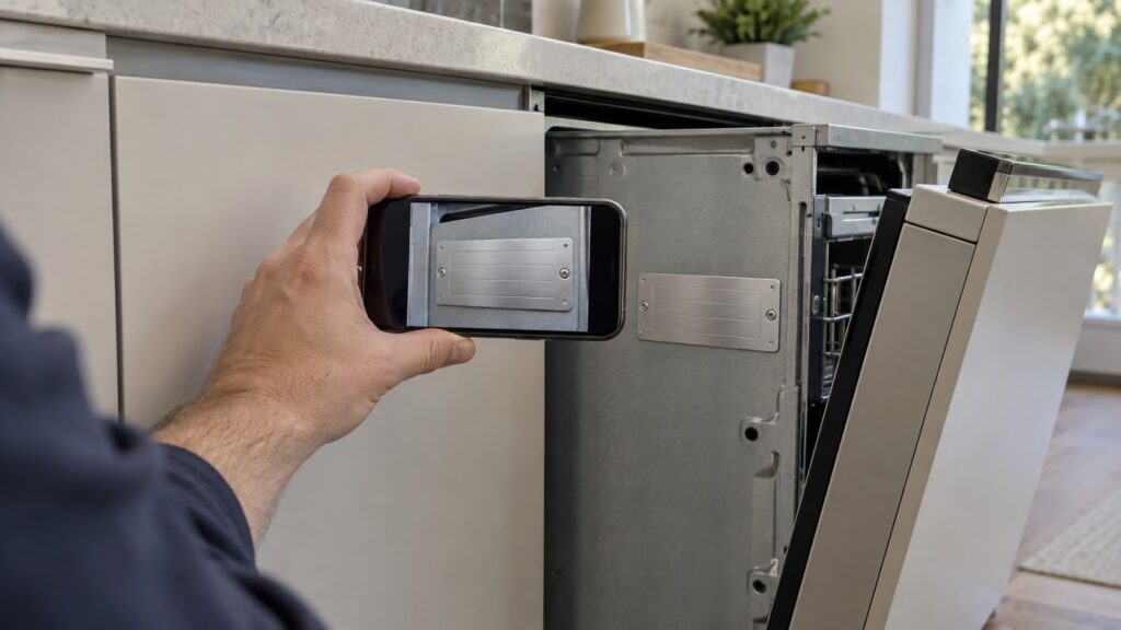 A hand holding a smartphone to photograph a rating plate on the side wall of a built-in appliance