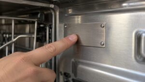 A metal rating plate on the inner wall of a built-in appliance with a fingertip pointing at a row of characters, shown in close-up with the markings too small to read