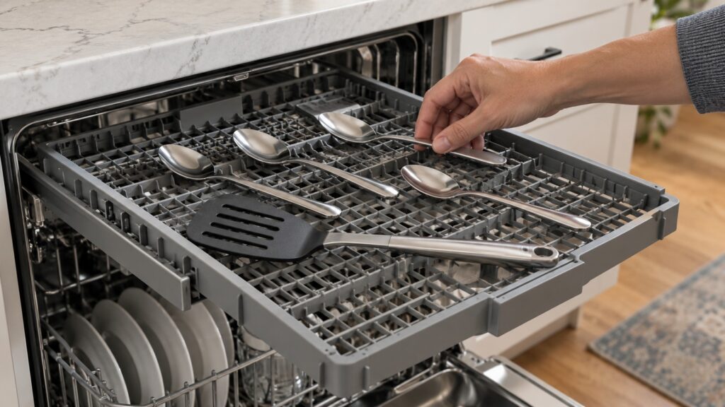 A hand laying spoons and a spatula flat on the narrow top rack of a dishwasher
