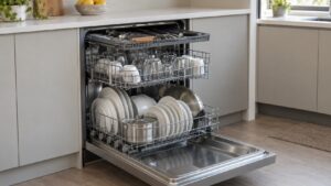 An open built-in dishwasher showing a thin third rack above two baskets, all loaded with clean dishes