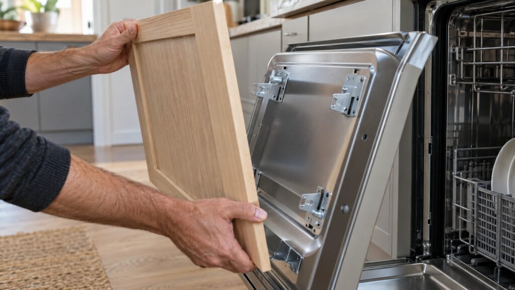 Two hands holding a wooden cabinet panel against the inner door panel of an open dishwasher to line up the mounting brackets