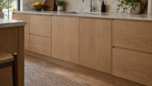A dishwasher set in a kitchen cabinet run with its door front finished flush with the neighboring wooden cabinet doors