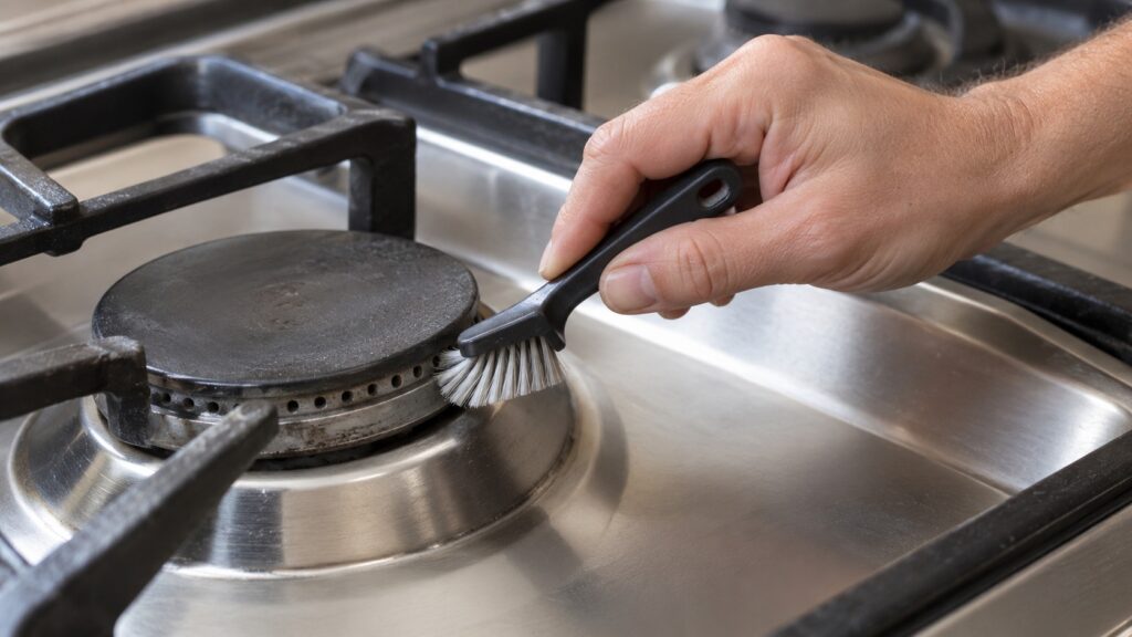 A hand using a soft brush to clean the small ports around the ring of a gas burner head