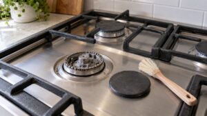 A gas cooktop with one burner cap removed and set beside it next to a soft brush, the burner head and ports exposed