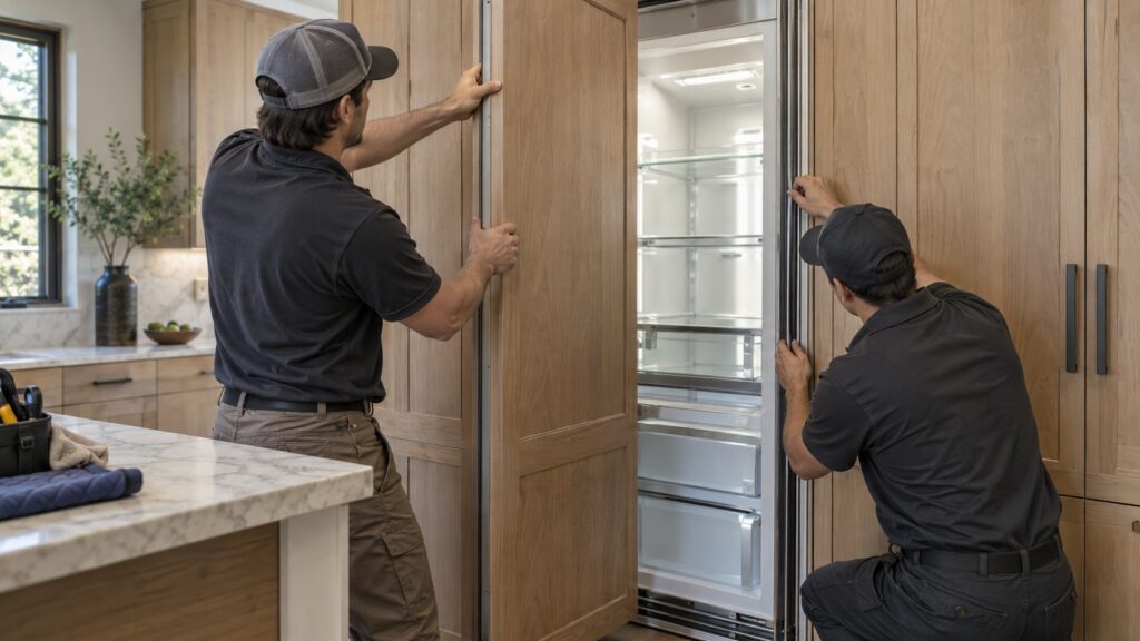 Two technicians standing beside a built-in column refrigerator with a wooden door panel, one steadying the heavy panel while the other checks the door seal