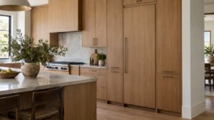 A tall column refrigerator in a kitchen with its door covered by a wooden panel matching the surrounding cabinets