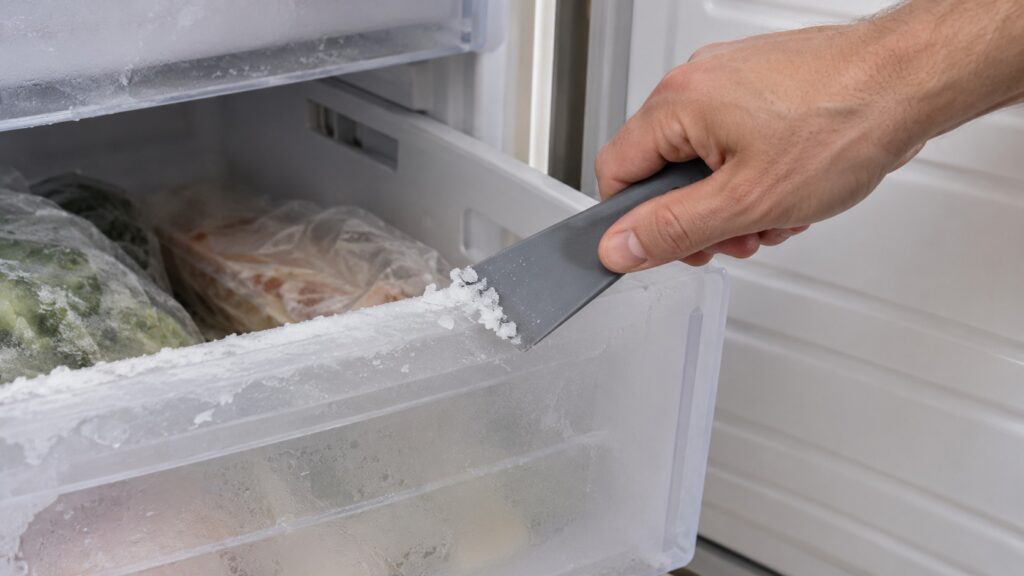 A hand holding a plastic scraper removing frost from the edge of a freezer drawer