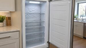 An open column freezer in a kitchen with a layer of frost on its back wall and empty shelves