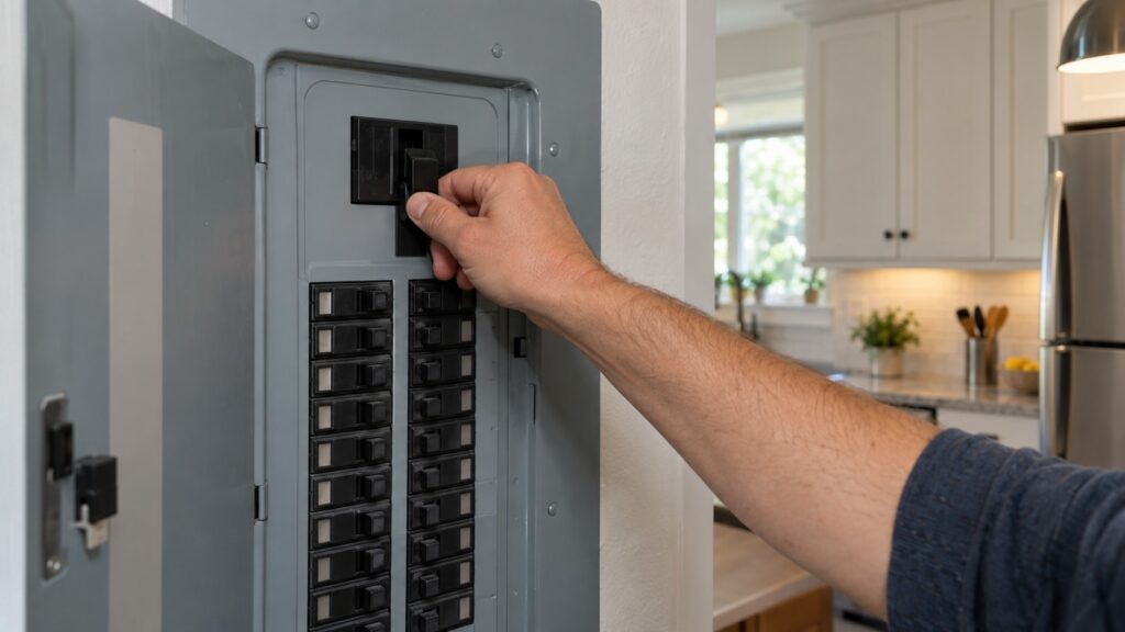 A hand on the main power switch of a household breaker panel next to a kitchen, with the panel labels too small to read